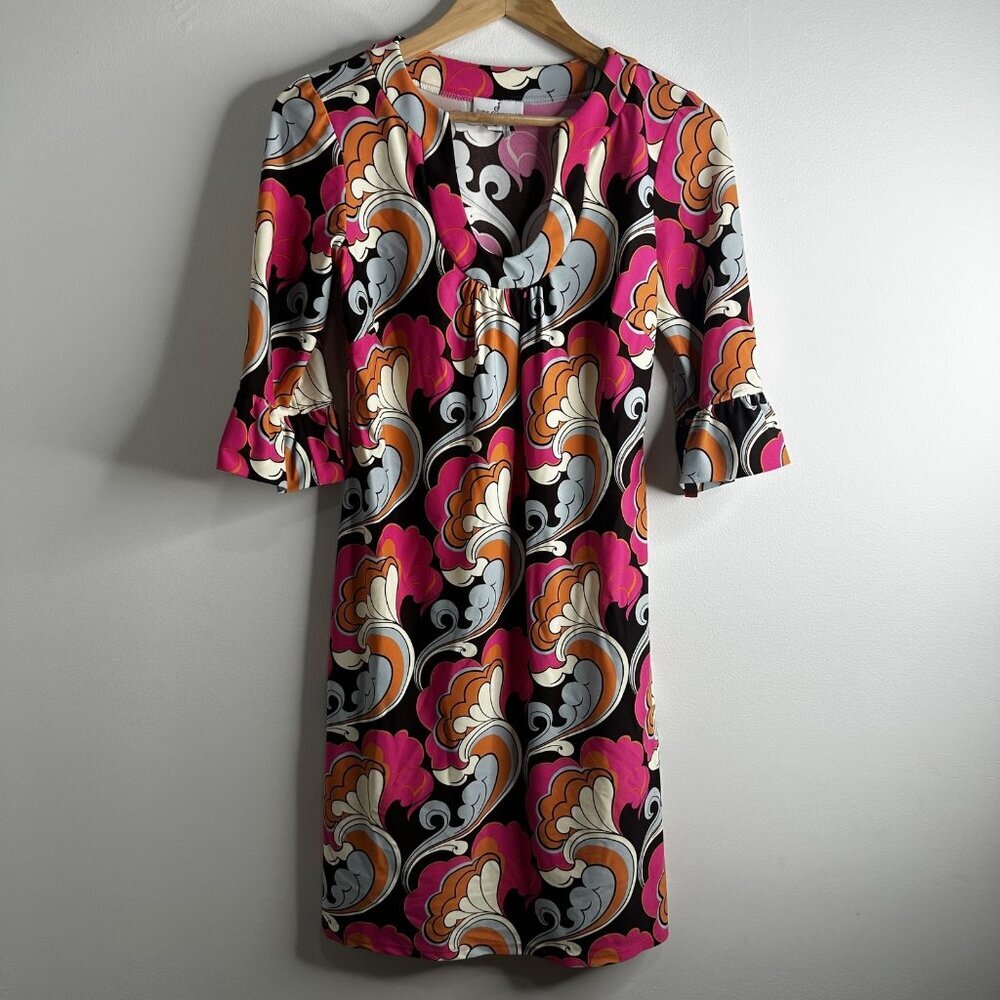 Jude Connally Dress Sz S‎ Multicolor Retro Print 3/4 Sleeve Stretch USA Resort